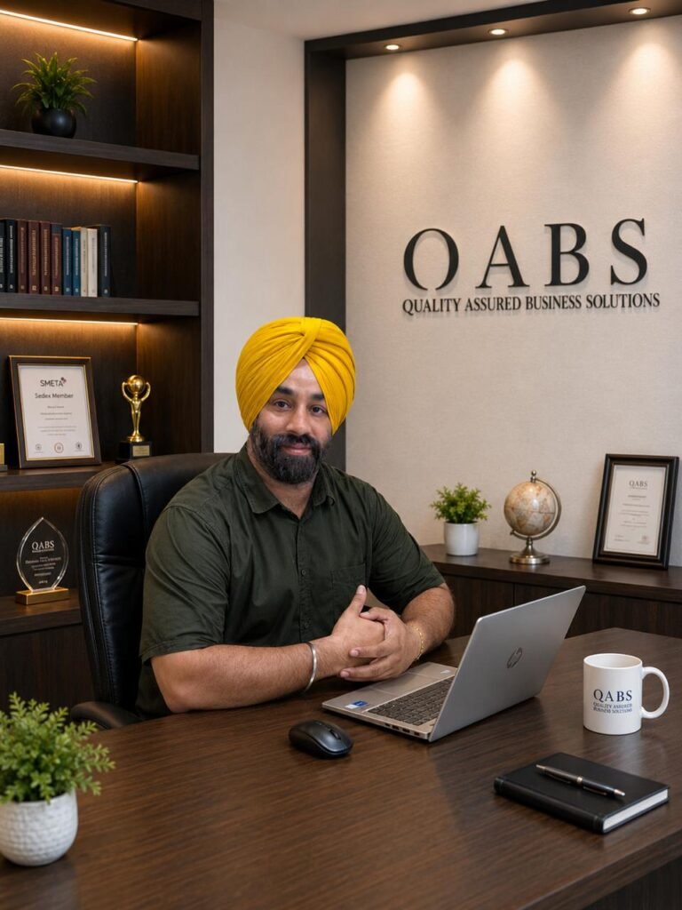 Prabjot Singh, CEO of QABS, conducting a social compliance audit training session at a manufacturing facility.